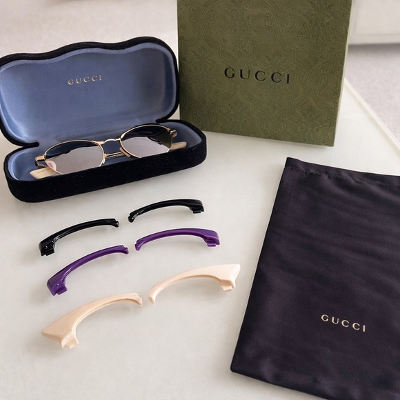 GUCCI GG1131S Interchangeable Cat-Eye Sunglass Gold Metal Frame 3 Clip-On Pieces - Picture 15 of 16